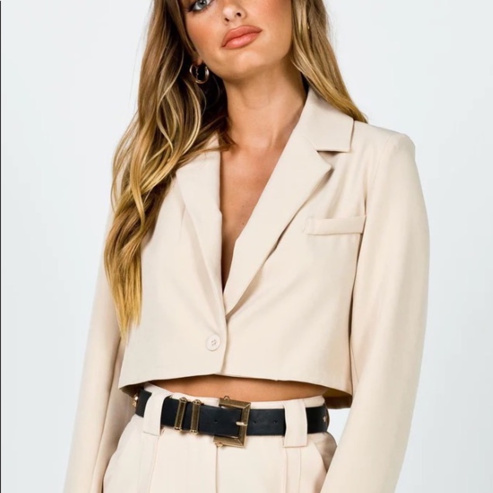 Princess Polly The City Cropped Blazer Beige Size 8